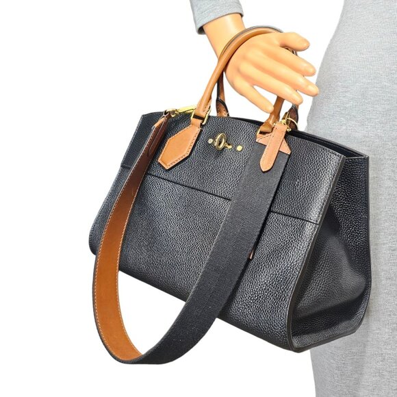LOUIS VUITTON City Steamer Black Tan Leather Bag 2 Way Shoulder Strap Tote Bag - Picture 2 of 16
